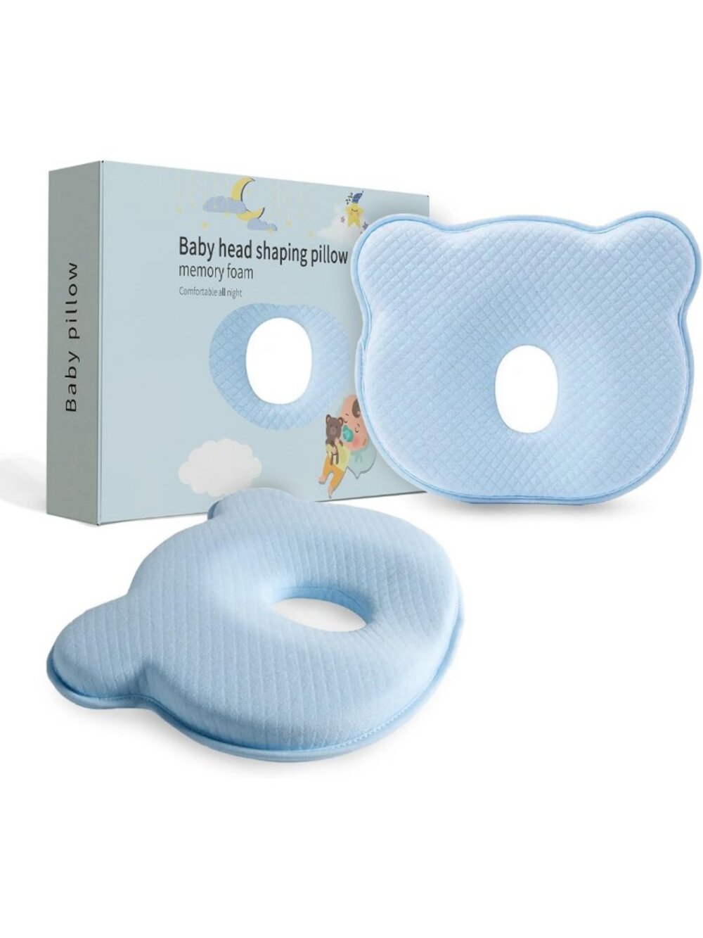 Cozy Memory Foam Baby Pillow - Soft, Breathable, Cute Bear Design (Blue)